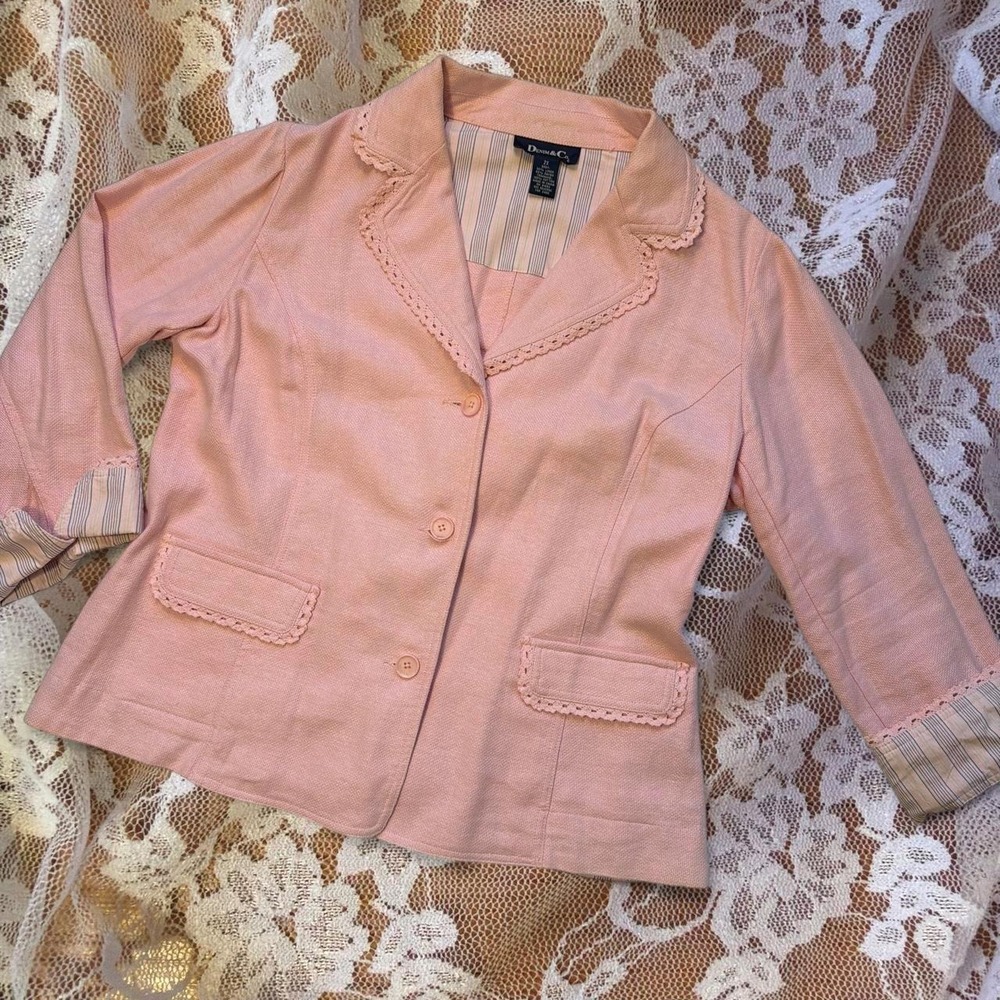 Denim & Co Pink Linen Lace Blazer Jacket Coquette Plus Size 2XL
